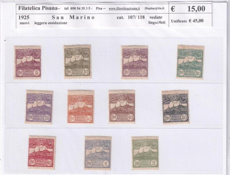 Francobolli San Marino Anno 1925 Serie Vedute (cat. n. 107-118)