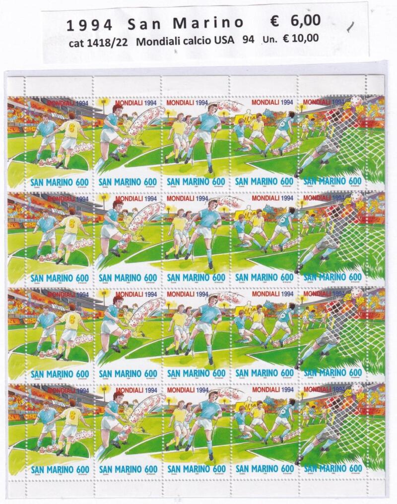 Minifoglio San Marino Anno 1994 cat. n. 1418-1422 Mondiali calcio USA 94