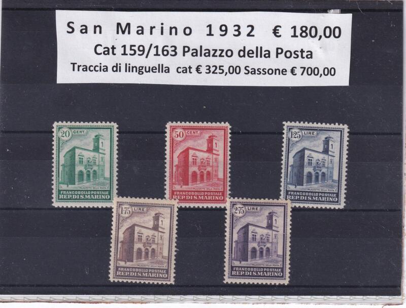 Francobolli San Marino Anno 1932 Serie completa Inaugurazione Palazzo Posta (cat. n. 159-163)