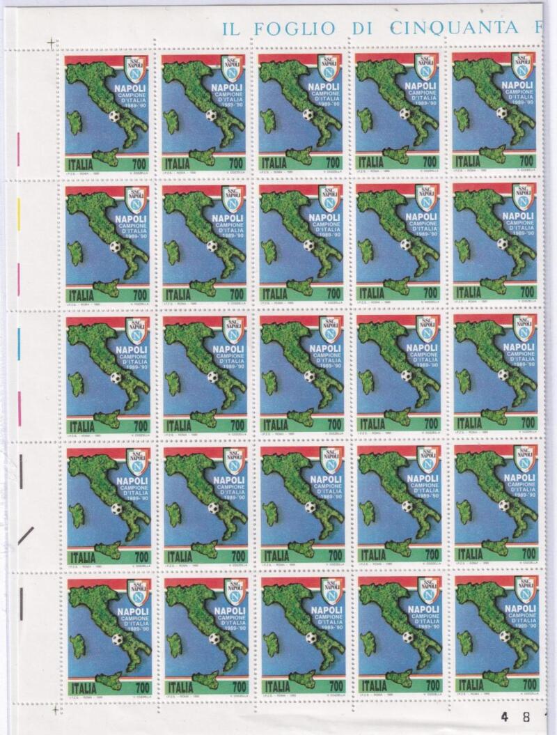 Foglio Francobolli Italia Anno 1990 cat. n. 1952 Napoli Campione d’Italia (foglio intero piegato)