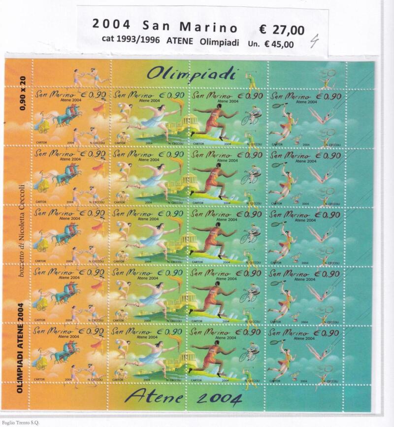 Minifogli San Marino Anno 2004 cat. n. 1993-1996 Olimpiadi Atene 2004