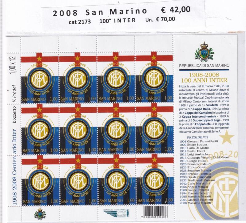 Minifoglio San Marino Anno 2008 cat. n. 2173 Centenario Inter