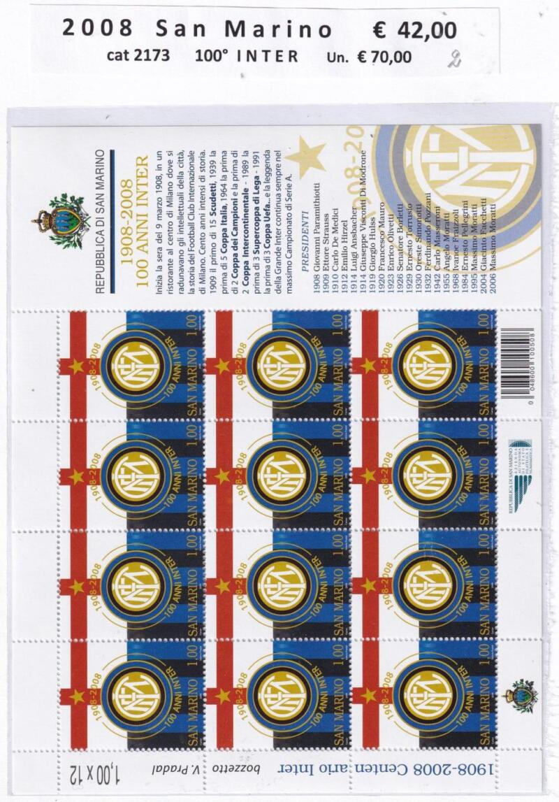 Minifoglio San Marino Anno 2008 cat. n. 2173 Centenario Inter