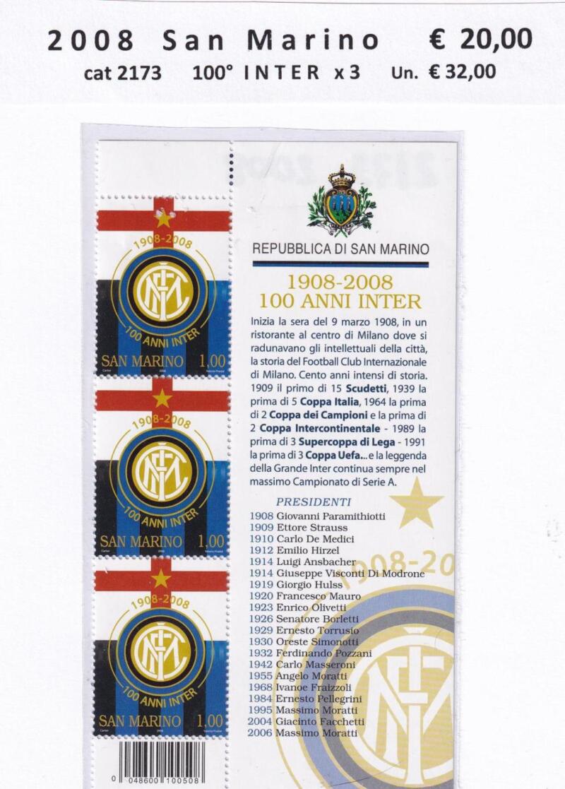 Francobolli da Minifoglio San Marino Anno 2008 cat. n. 2173 Centenario Inter