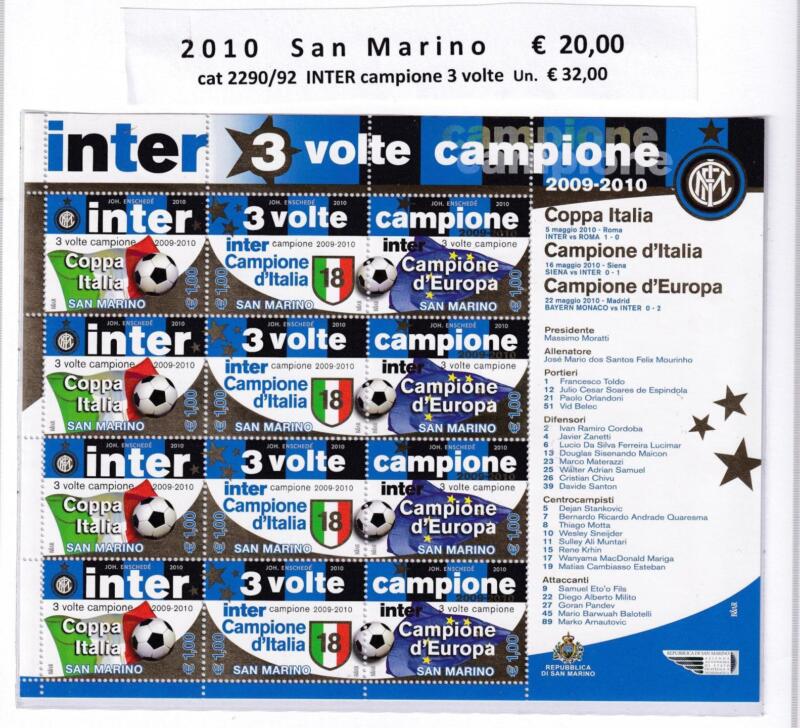 Minifoglio San Marino Anno 2010 cat. n. 2290-2292 Inter 3 volte Campione