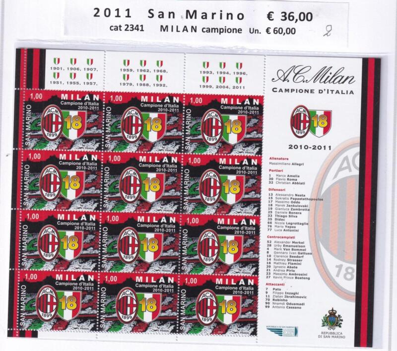 Minifoglio San Marino Anno 2011 cat. n. 2341 Milan Campione d'Italia
