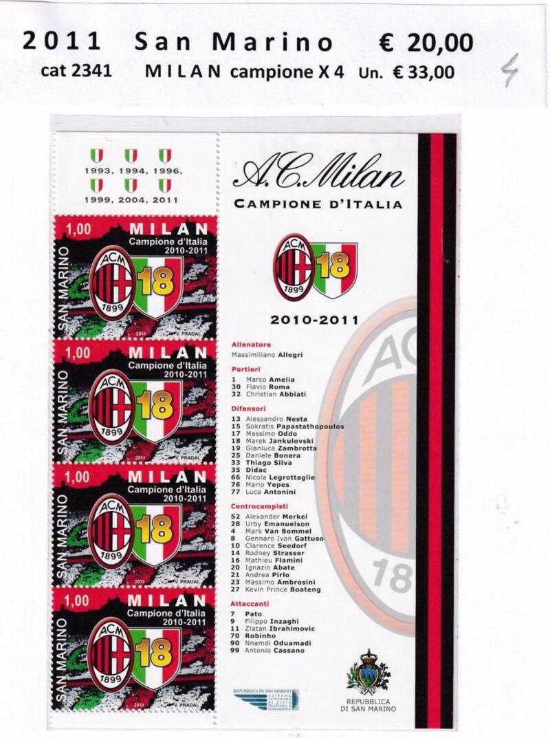 Francobolli da Minifoglio San Marino Anno 2011 cat. n. 2341 Milan Campione d'Italia