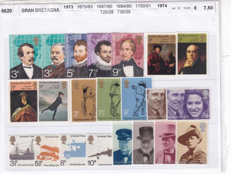 Francobolli Gran Bretagna Anno 1973-1974 Varie emissioni Tematiche Personaggi Illustri, Quadri, Navi, Auto, Aerei