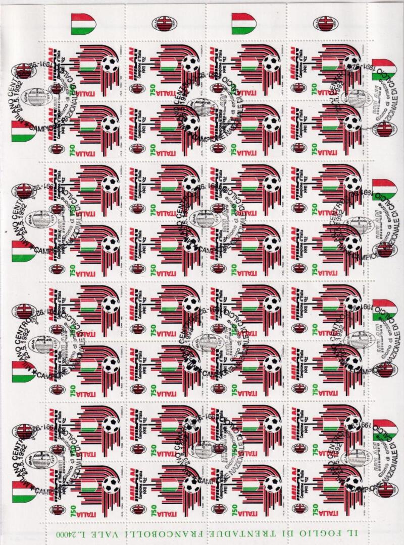 Minifoglio Italia Anno 1992 cat. n. 2037 Milan Campione d’Italia Annullo speciale