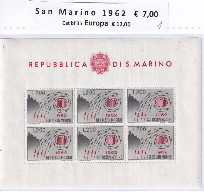 Foglietto San Marino Anno 1962 cat. n. 617 BF n. 35 Europa 62