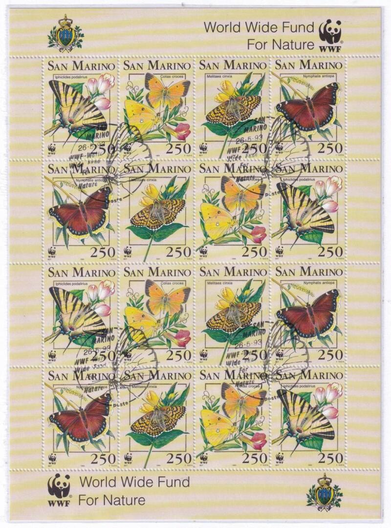 Minifoglio San Marino Anno 1993 cat. n. 1379-1381 WWF Farfalle con annullo speciale primo giorno di emissione