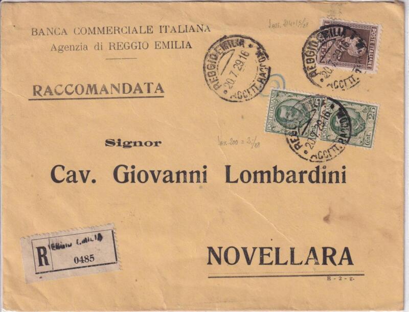 Storia Postale. Raccomandata Reggio Emilia B 0485 del 20/07/1929 a Novellara 21/07/1929