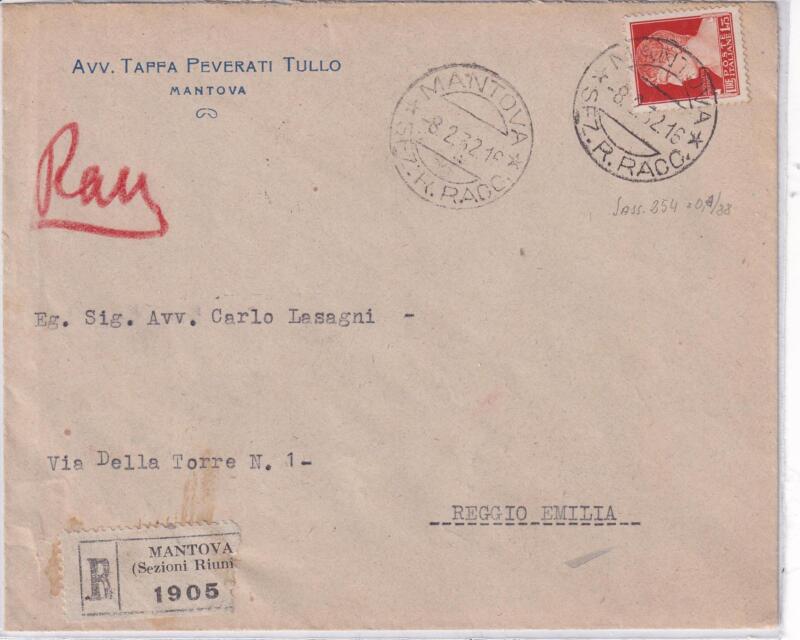Storia Postale. Raccomandata Mantova 1905 del 08/02/1932 a Reggio Emilia 09/02/1932