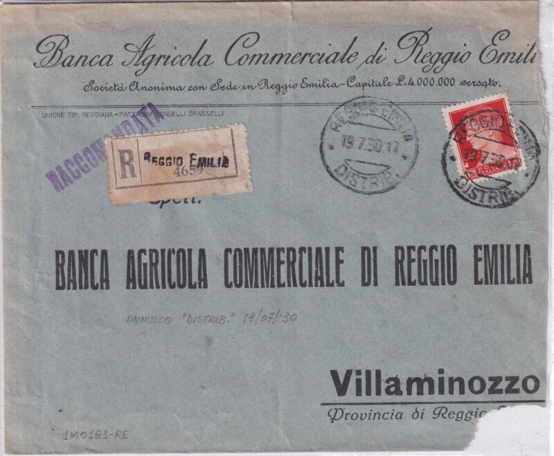 Storia postale. Raccomandata Reggio Emilia 4659 del 19/07/1930 a Villaminozzo 20/07/1930
