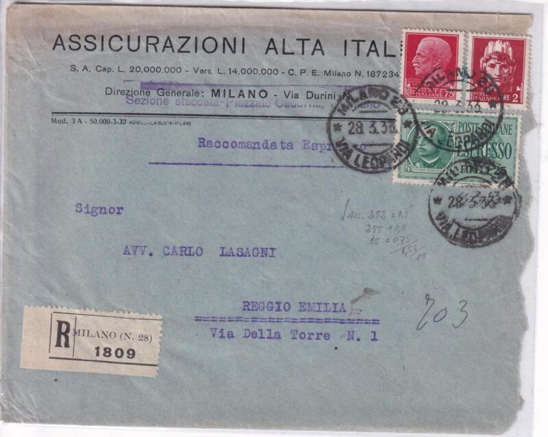 Storia postale. Raccomandata Espresso Milano 1809  del 28/03/1933 a Reggio Emilia 28/03/1933