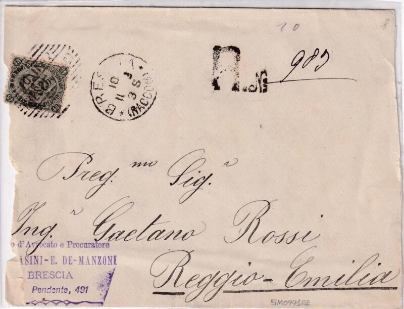 Storia postale. Raccomandata Brescia 983 del 10/11/1892 a Reggio Emilia 11/11/1892