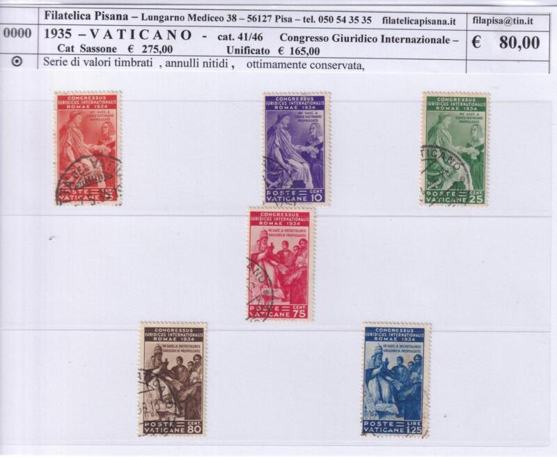 Francobolli Vaticano Anno 1935 Serie completa Congresso Giuridico Internazionale (cat. n. 41-46)