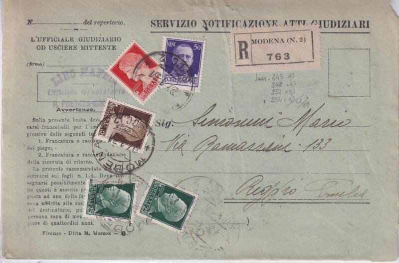 Storia Postale. Atto giudiziario Modena 763 del 24/01/1931 a Reggio Emilia 28/01/1931
