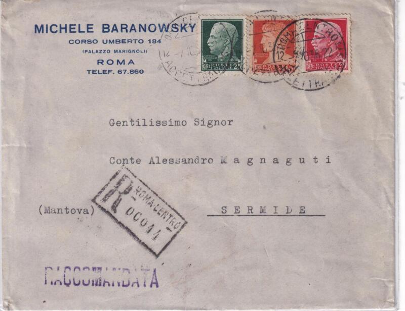 Storia Postale. Raccomandata Roma centro 00044 del7/10/1936 a Sermide 8/10/1936