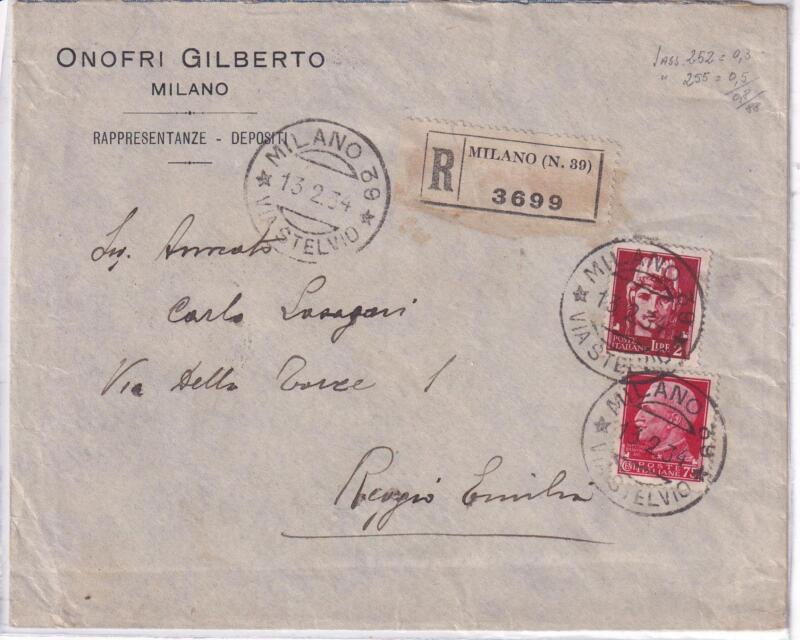Storia Postale. Raccomandata Milano 39 Stelvio 3699 del 13/02/1934 a Reggio Emilia 13/02/1934