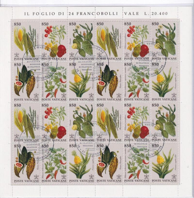 Minifoglio Vaticano Anno 1992 cat. n. 942-947 Flora del Nuovo Mondo - Annullo Speciale