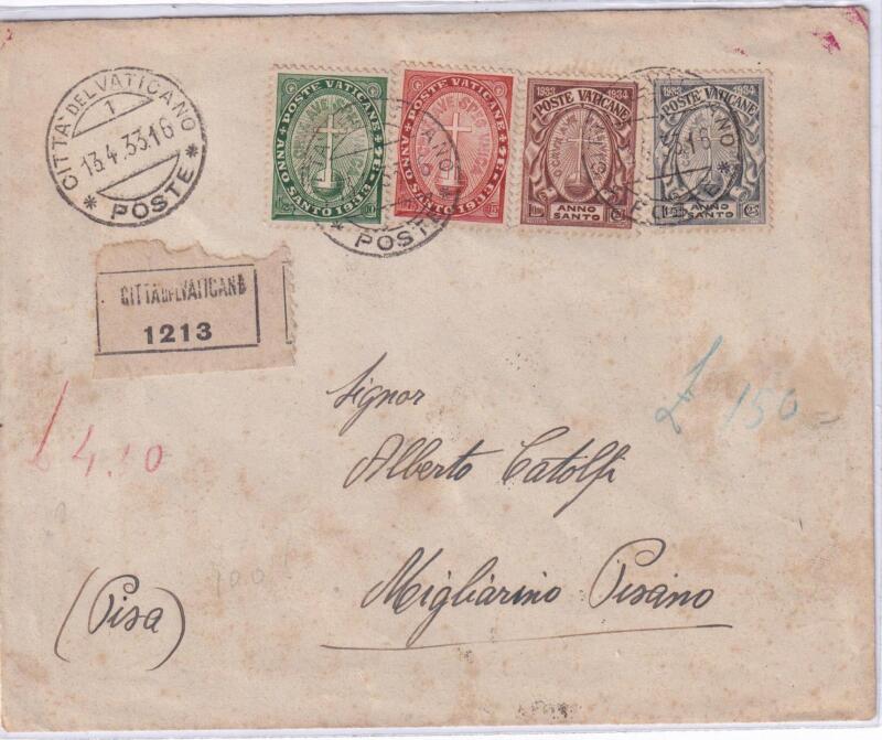 Francobolli Vaticano Anno 1933 Serie Anno Santo (cat. 15-18) su busta raccomandata