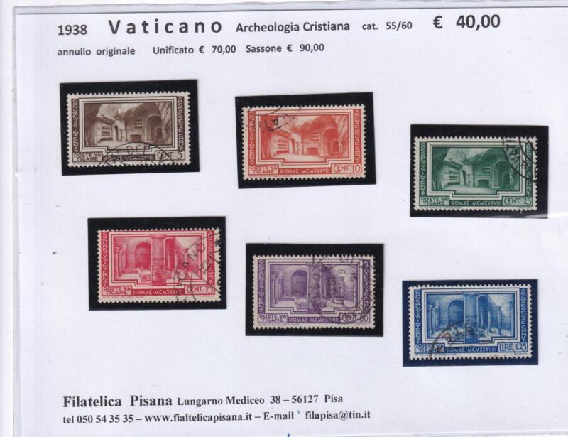 Francobolli Vaticano Anno 1938 Serie completa Archeologia Crisitana (cat. n. 55-60)