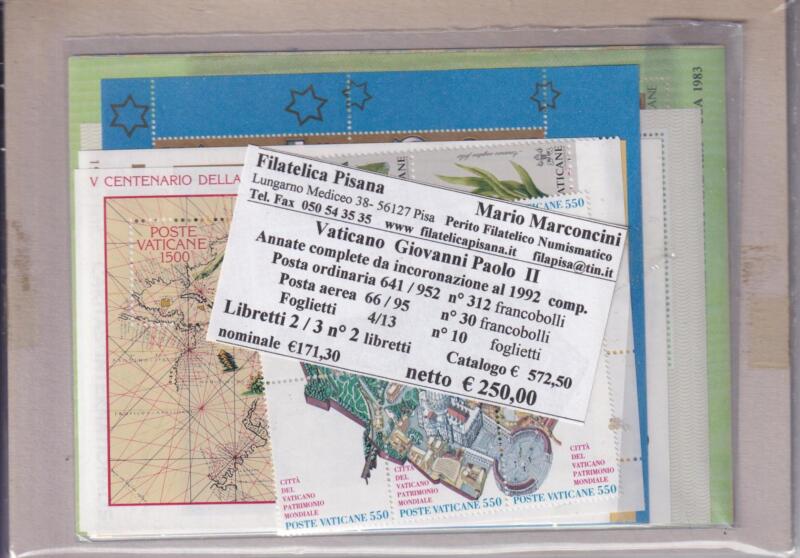 Francobolli Vaticano Anni 1978-1992 Giovanni Paolo II Annate complete