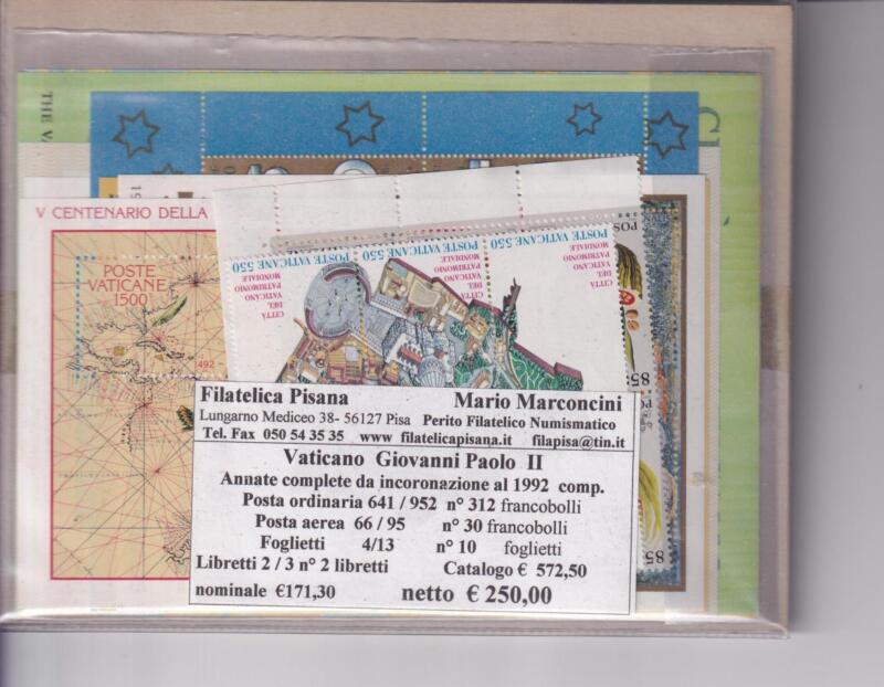 Francobolli Vaticano Anni 1978-1992 Giovanni Paolo II Annate complete