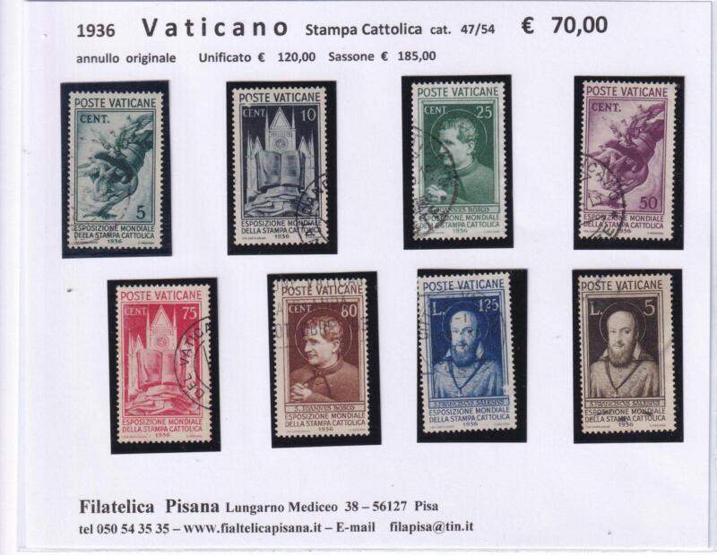 Francobolli Vaticano Anno 1936 Serie completa Stampa Cattolica (cat. n. 47-54)