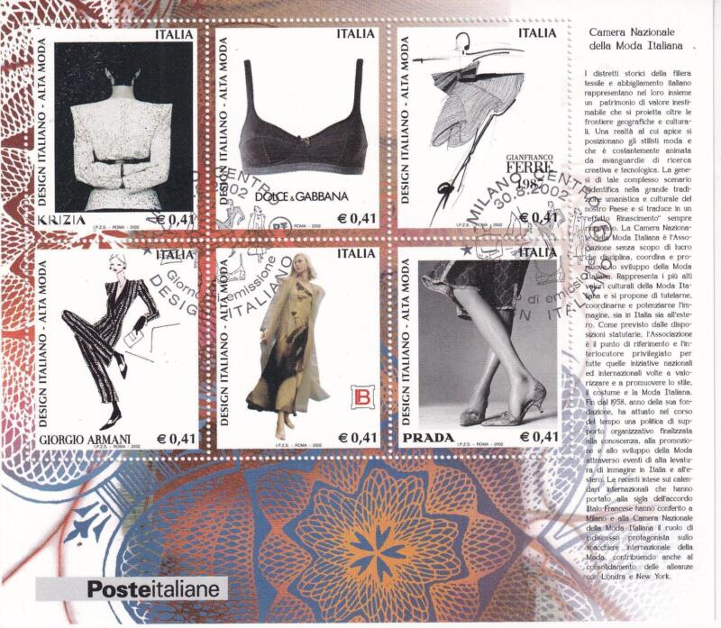 Foglietto Italia Anno 2002 Design Italiano Camera Nazionale della Moda (BF. n. 33) con Annullo Speciale