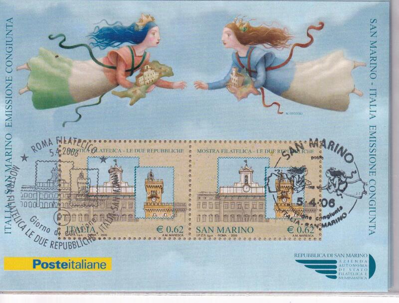 Foglietto Italia Anno 2006 Le Due Repubbliche. Mostra filatelica a Palazzo Montecitorio (BF n. 42) con Annullo speciale Emissione Congiunta Italia e San Marino
