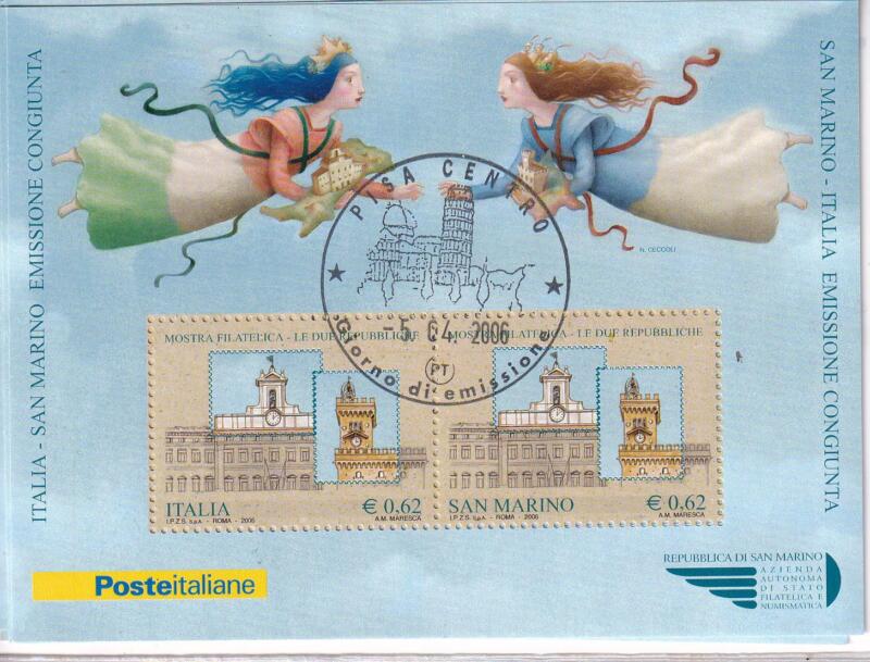 Foglietto Italia Anno 2006 Le Due Repubbliche. Mostra filatelica a Palazzo Montecitorio (BF n. 42) con Annullo speciale primo giorno di emissione