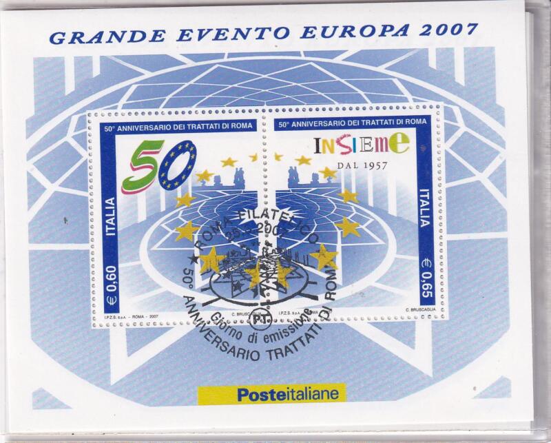 Foglietto Italia Anno 2007 Cinquantenario Firma Trattati di Roma (BF n. 43) con Annullo speciale