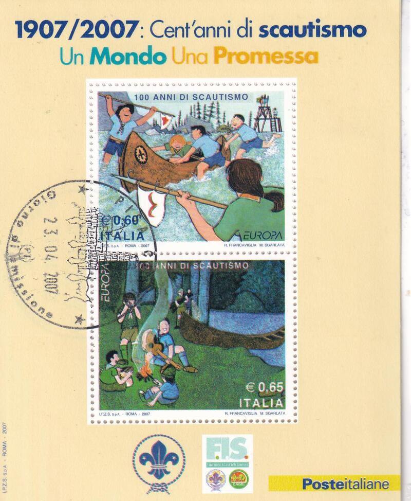 Foglietto Italia Anno 2007 Cento Anni di Scoutismo (BF n. 44) con Annullo speciale primo giorno di emissione
