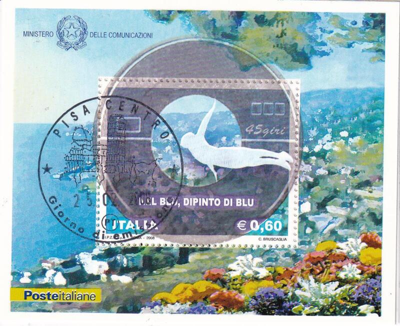 Foglietto Italia Anno 2008 Cinquantenario canzone 'Nel blu, dipinto di blu' (BF n. 46) con Annullo speciale primo giorno di emissione