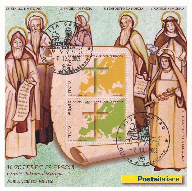 Foglietto Italia Anno 2009 Le radici cristiane dell'Europa. Mostra dedicata ai Santi Patroni d'Europa (BF n. 49) Annullo speciale primo giorno di emissione