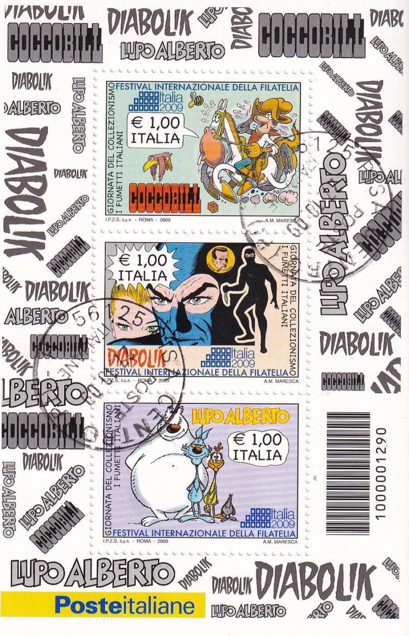 Foglietto Italia Anno 2009 Festival Internazionale della Filatelia . Italia 2009. Giornata del collezionismo. Fumetti italiani (BF n. 52)con Annullo ordinario