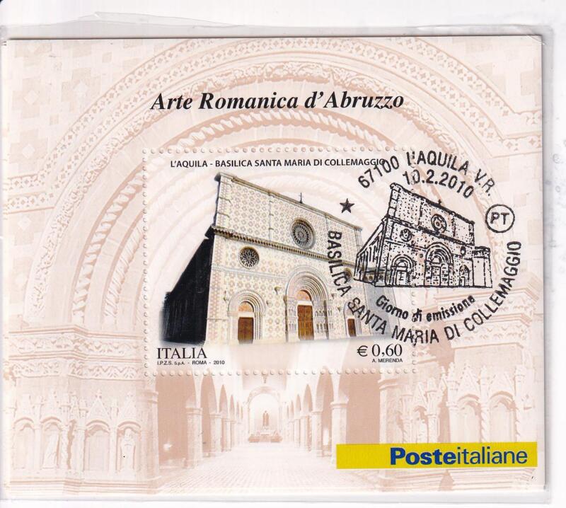 Foglietto Italia Anno 2010 Il patrimonio artistico e culturale italiano. Arte romanica d'Abruzzo. Basilica Santa Maria di Collemaggio (BF n. 53) Annullo speciale