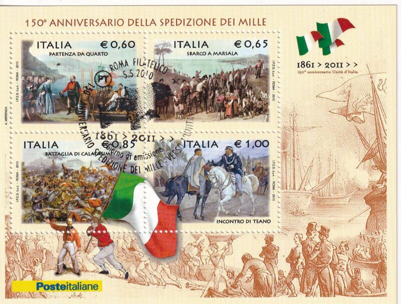 Foglietto Italia Anno 2010 150esimo Anniversario Spedizione dei Mille. Dipinti (BF n. 54) Annullo speciale