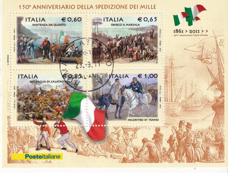 Foglietto Italia Anno 2010 150esimo Anniversario Spedizione dei Mille. Dipinti (BF n. 54) con Annullo ordinario