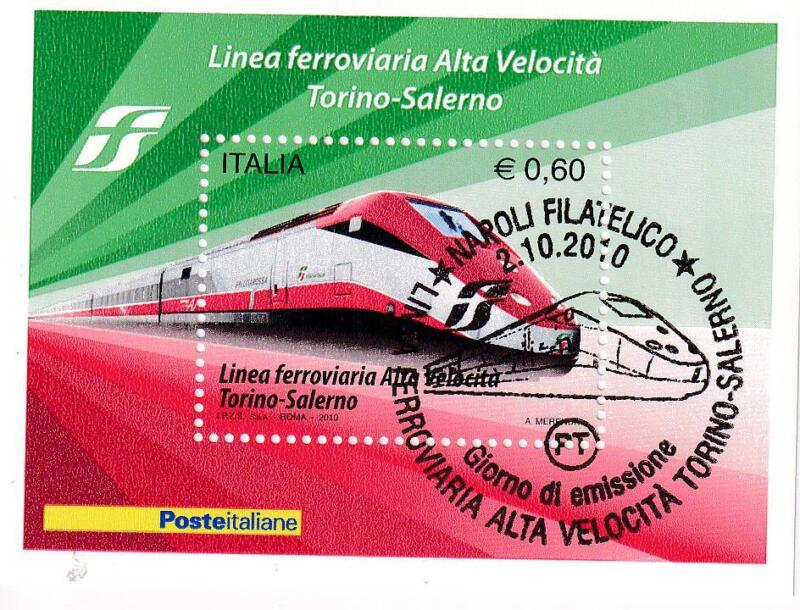 Foglietto Italia Anno 2010 Completamento Linea ferroviaria Alta Velocità Torino-Salerno (BF n. 55) Annullo speciale
