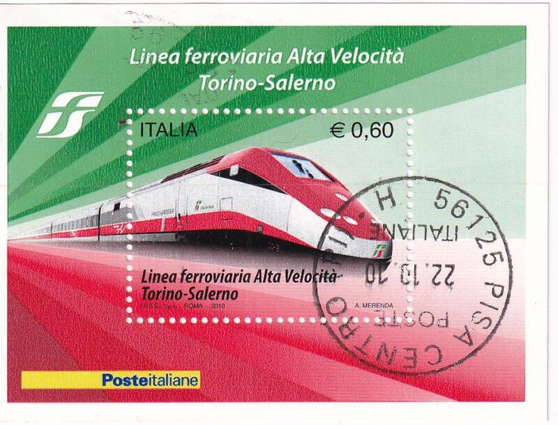 Foglietto Italia Anno 2010 Completamento Linea ferroviaria Alta Velocità Torino-Salerno (BF n. 55) con Annullo ordinario