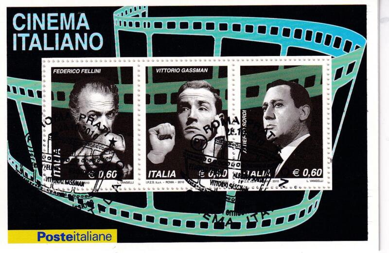 Foglietto Italia Anno 2010 Cinema italiano. Omaggio a Federico Fellini, Vittorio Gassman, Alberto Sordi (BF n. 56) Annullo speciale