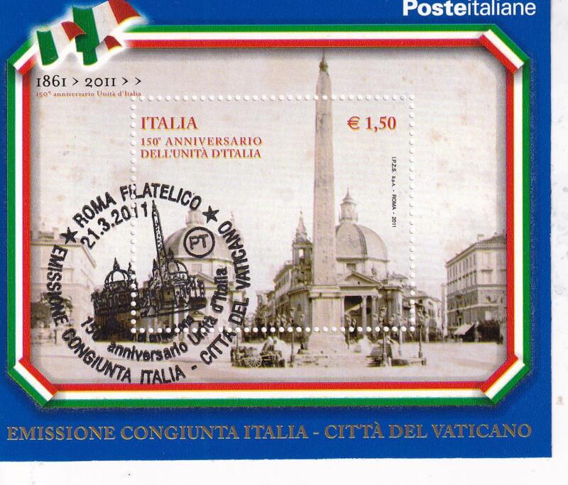 Foglietto Italia Anno 2011 150esimo Anniversario Unità d'Italia. Emissione congiunta Città del Vaticano (BF n. 60) Annullo speciale