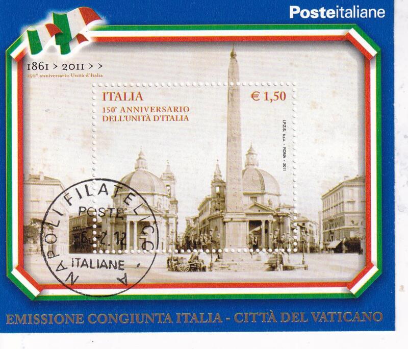 Foglietto Italia Anno 2011 150esimo Anniversario Unità d'Italia. Emissione congiunta Città del Vaticano (BF n. 60) con Annullo ordinario