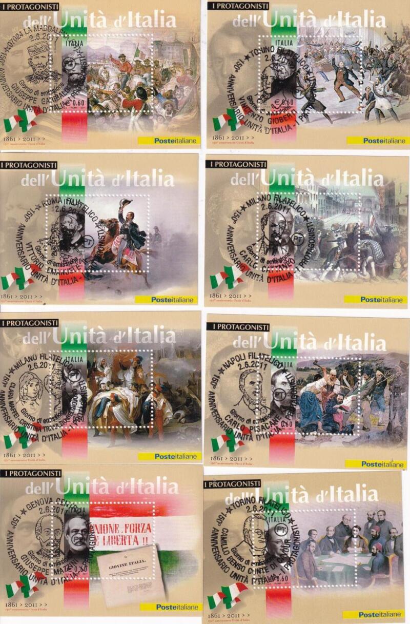 Foglietti Italia Anno 2011 150esimo Anniversario Unità d'Italia. I Protagonisti (BF n. 61-68) Annulli speciali diversi per personaggi
