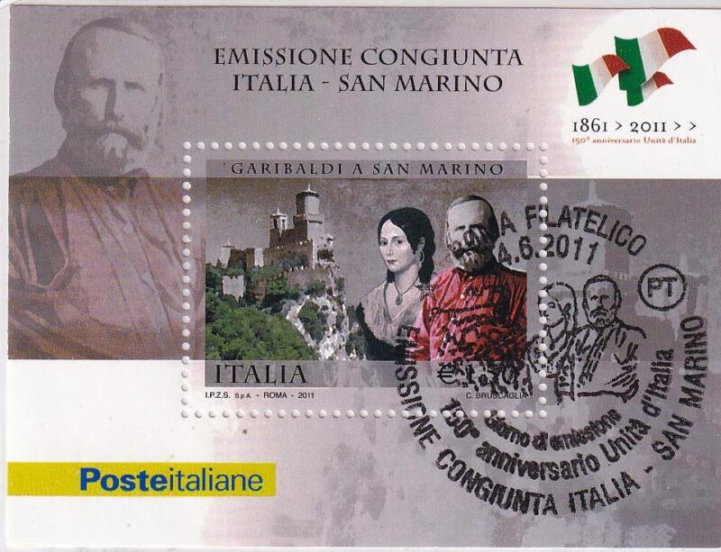 Foglietto Italia Anno 2011 150esimo Anniversario Unità d'Italia. 150esimo Anniversario del conferimento della cittadinanza onoraria sanmarinese a Giuseppe Garibaldi (BF n. 69) Annullo speciale