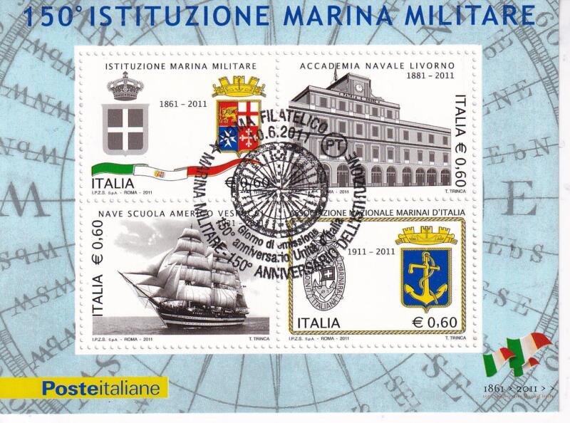 Foglietto Italia Anno 2011 150esimo Anniversario Unità d'Italia. 150esimo Anniversario istituzione Marina Militare (BF n. 70) Annullo speciale