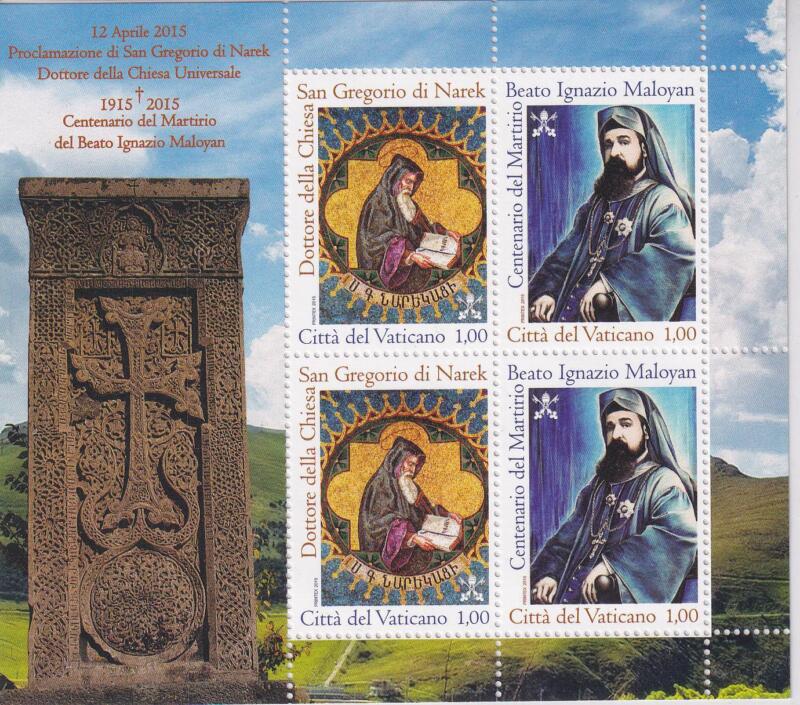 Francobolli Vaticano Anno 2015 Proclamazione di San Gregorio di Narek Dottore della Chiesa e Centenario della morte del Beato e Martire Ignazio Maloyan Minifoglio di due coppie (cat. n. 1706-1707)